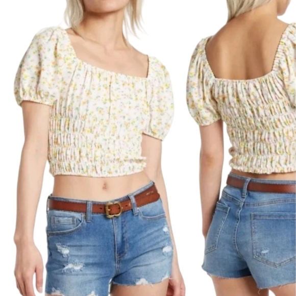 Elodie Tops - Elodie Square Neck Short Sleeve Ivory Floral Smocked Crop Top, XL